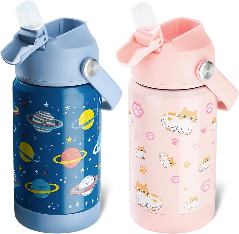 Kerilyn 12oz Kids Water Bottle 2 Pack, Stainless Steel Insulated Water Bottle Bulk, Toddler Cups with Straws Leak-Proof, Kids Water Bottles for School Boys Girls, BPA Free, 2 Piece Set Planet + Kitty - Image 1